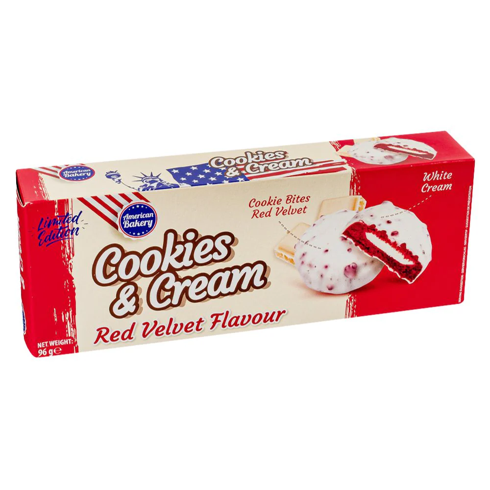 American Bakery Cookies and Cream Red Velvet Flavour, cookies with milk cream filling with Red Velvet cookie chips 96g (Pack of 18)