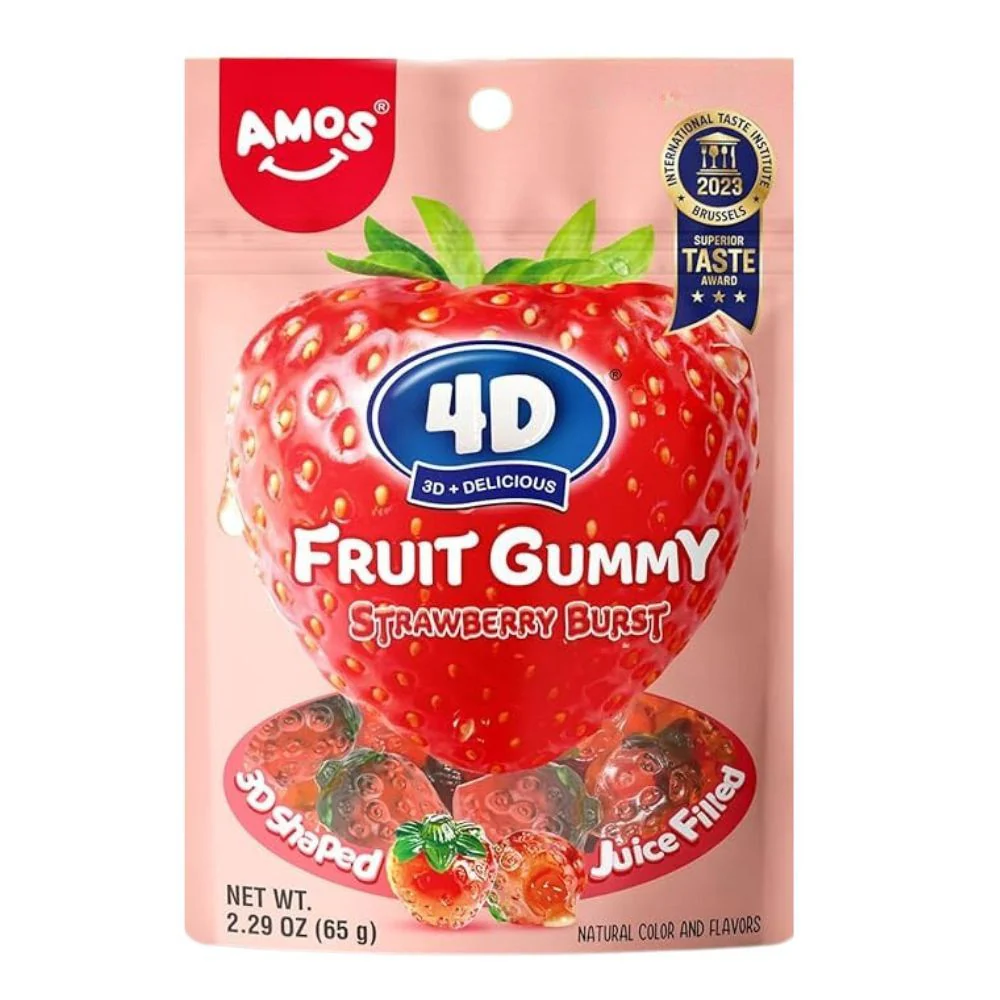 Amos 4D Fruit Gummy Strawberry Burst, strawberry-flavored filled gummy candies 65g (Pack of 12)