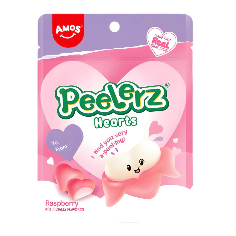 Amos Peelerz Hearts, raspberry flavored gummy candies 65g (Pack of 24)