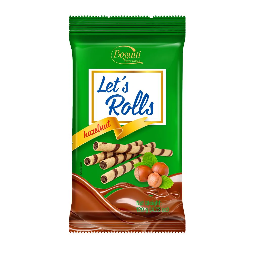 Bogutti Let's Rolls Hazelnut, wafer con crema alla nocciola da 120g (Confezione da 16)