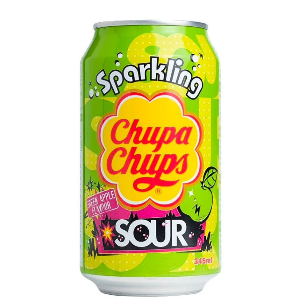 Chupa Chups Sparkling Green Apple Sour, sour green apple drink 345ml (pack of 24) 