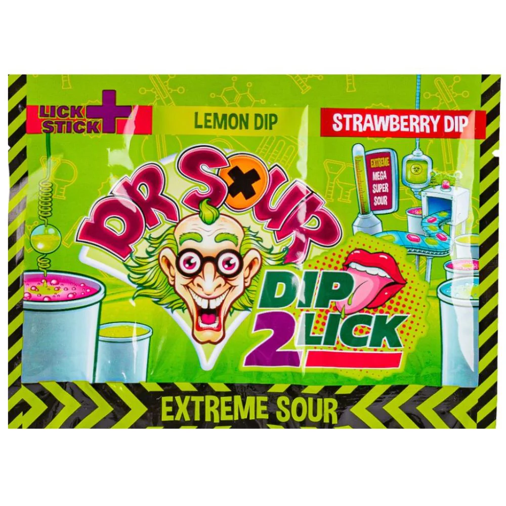 Dr. Sour Dip 2 Lick, sour lollipop with popping powder 18g (pack of 24)