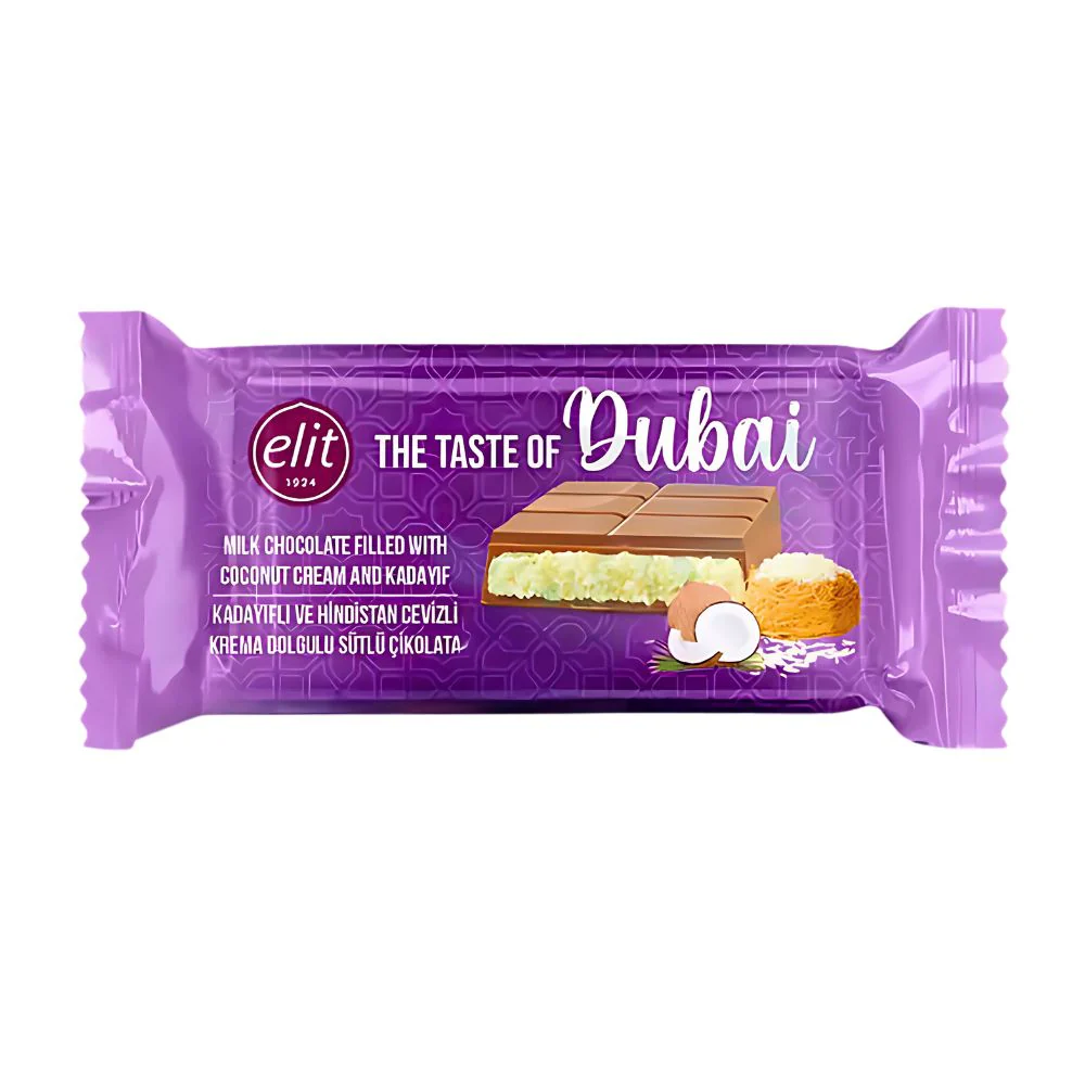 Elit Coconut Dubai Chocolate, milk chocolate bar with coconut cream and Kadayif 90g (Pack of 12)
