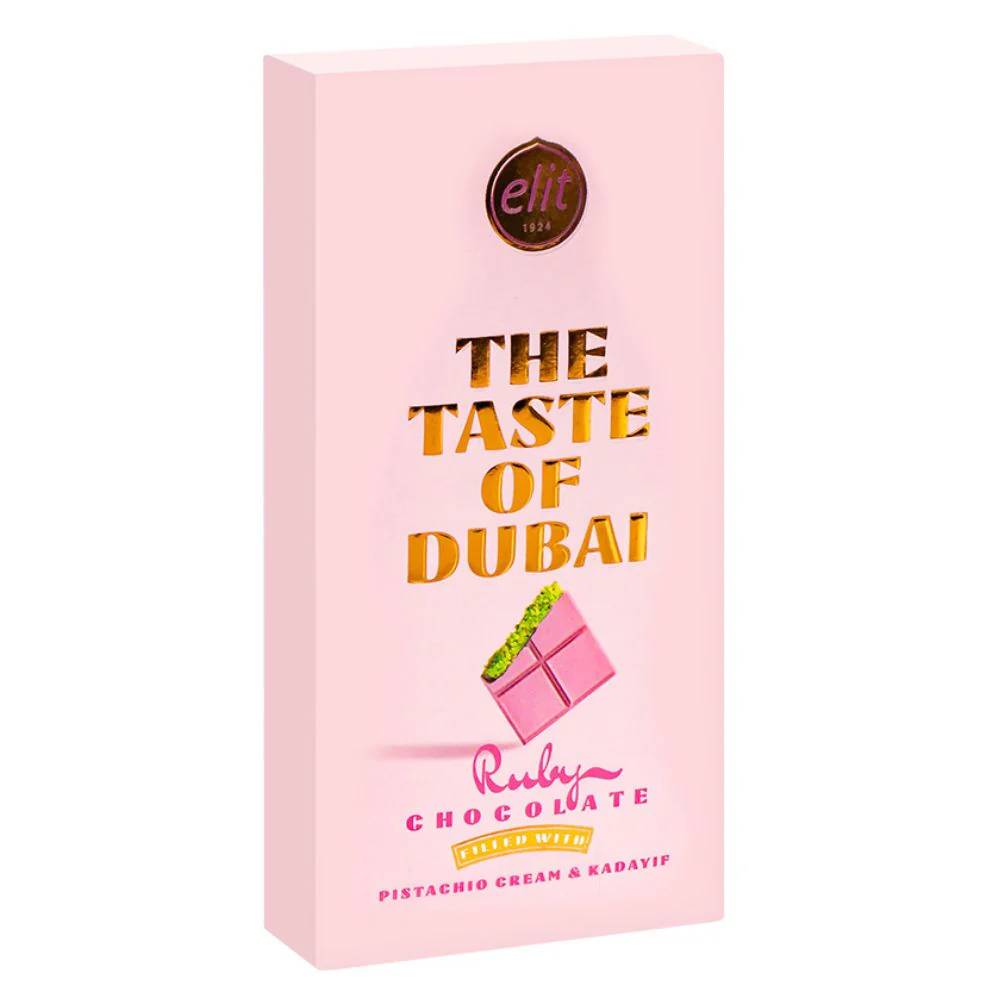 Elit Ruby Dubai Chocolate, chocolate bar filled with pistachio cream and kadayif 90g (Pack of 12) 