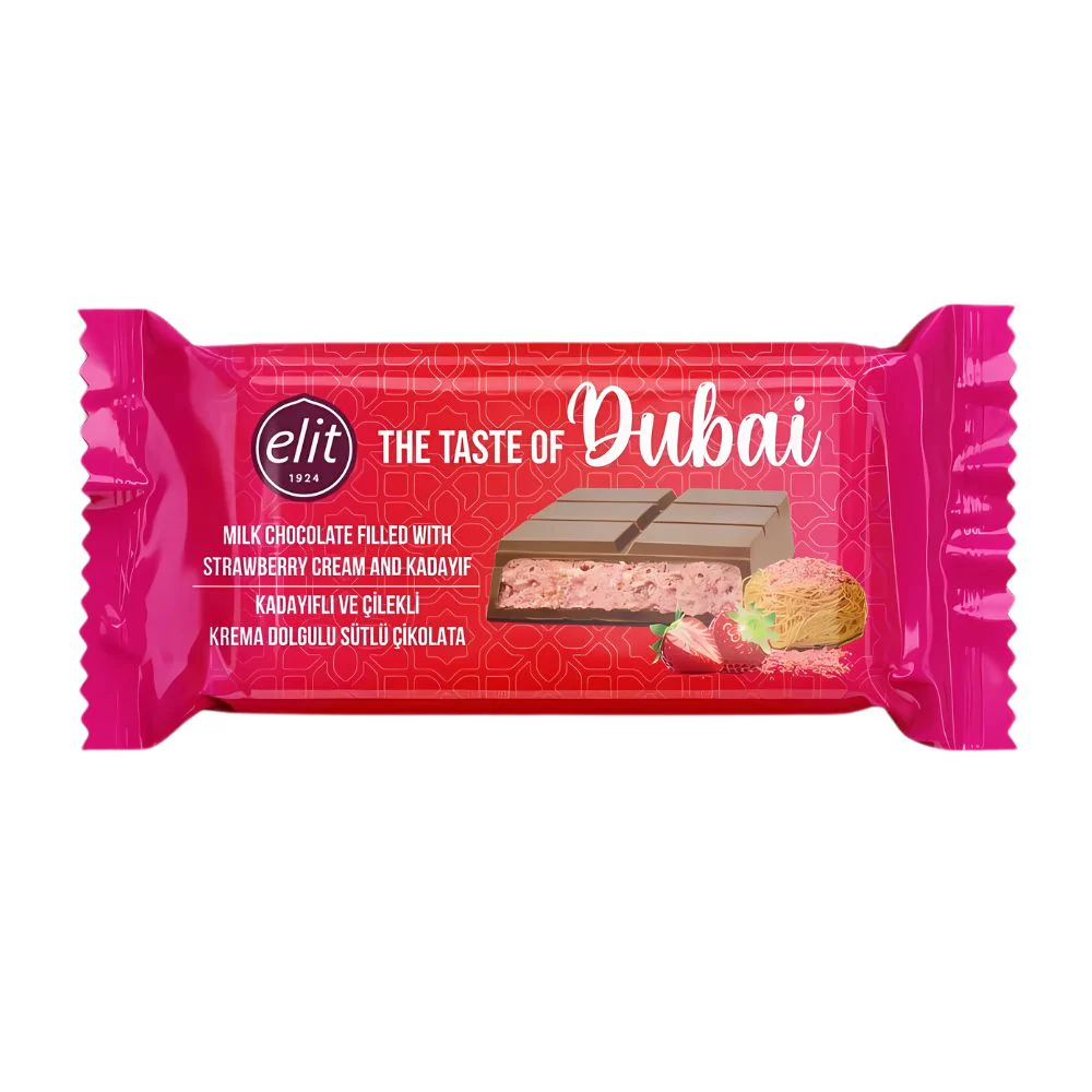 Elit Strawberry Dubai Chocolate, milk chocolate bar with strawberry cream and Kadayif 90g (Pack of 12)