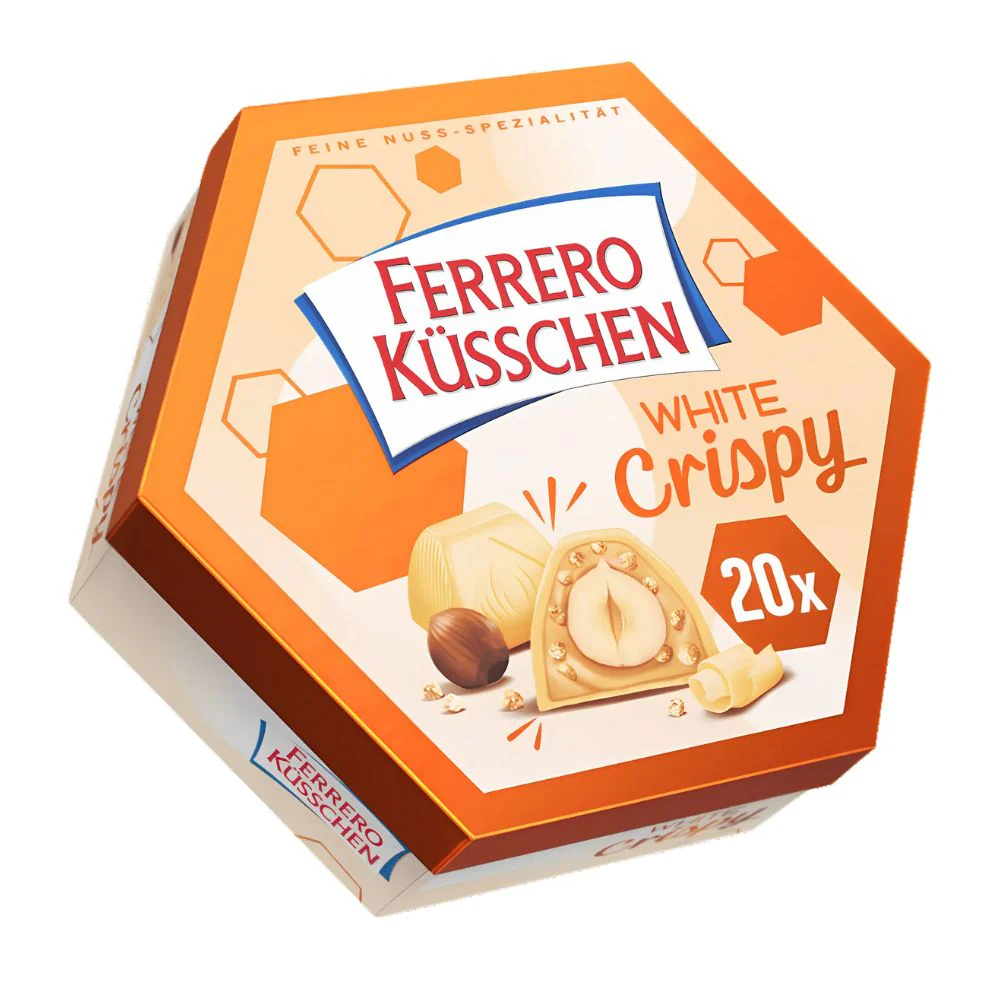 Ferrero Kusschen White Crispy, white chocolate pralines filled with milk cream and hazelnuts, 172g (Pack of 8)