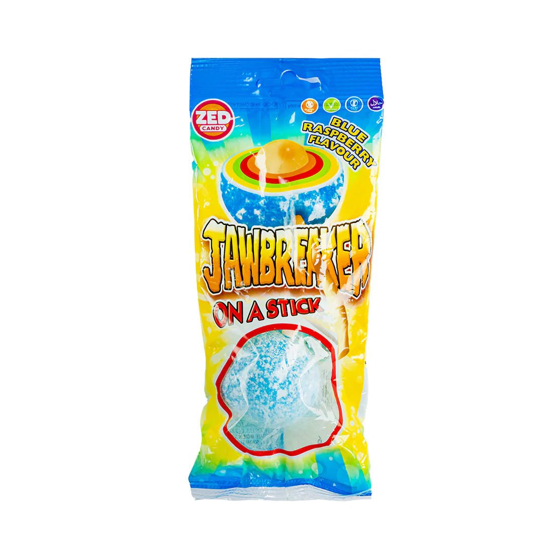 Jawbreaker On a Stick Blue Razz, giant raspberry-flavored lollipop with chewing gum in the center, 50g (pack of 15)
