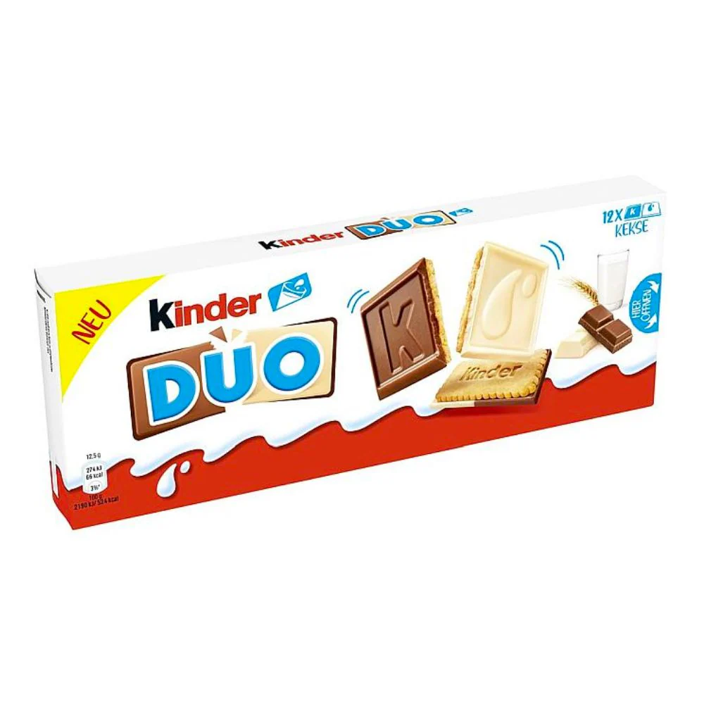 Kinder Duo, 12 biscuits covered with white chocolate and milk chocolate 150g (pack of 12)