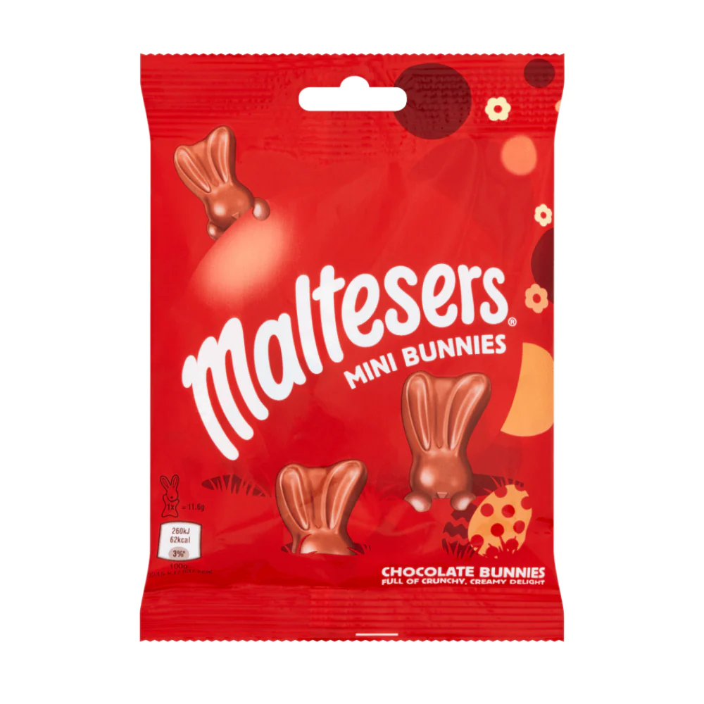 Maltesers Mini Bunnies, milk chocolate with barley malt filling and pieces crunchy pieces, 58g (Pack of 24)