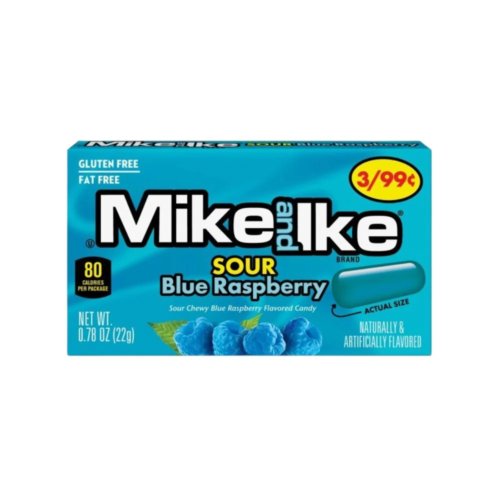 Mike and Ike Sour Blue Raspberry, raspberry-flavored candies 22g (Pack of 24)