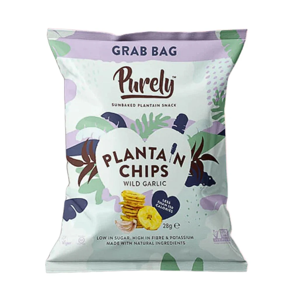 Purely Plantain Chips Wild Garlic, plantain chips with garlic flavor 28g (Pack of 20)