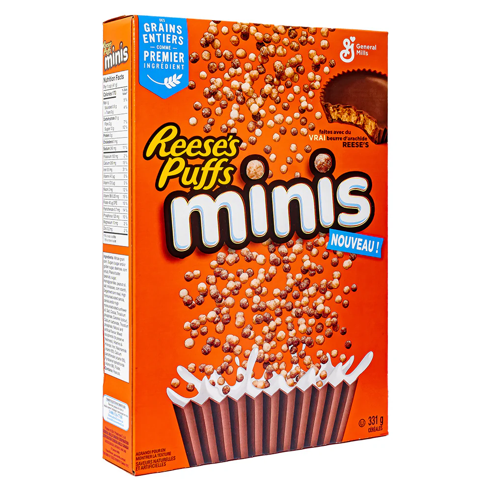 Reese's Puffs Minis, mini cocoa and peanut butter cereals 331g (Pack of 12) 