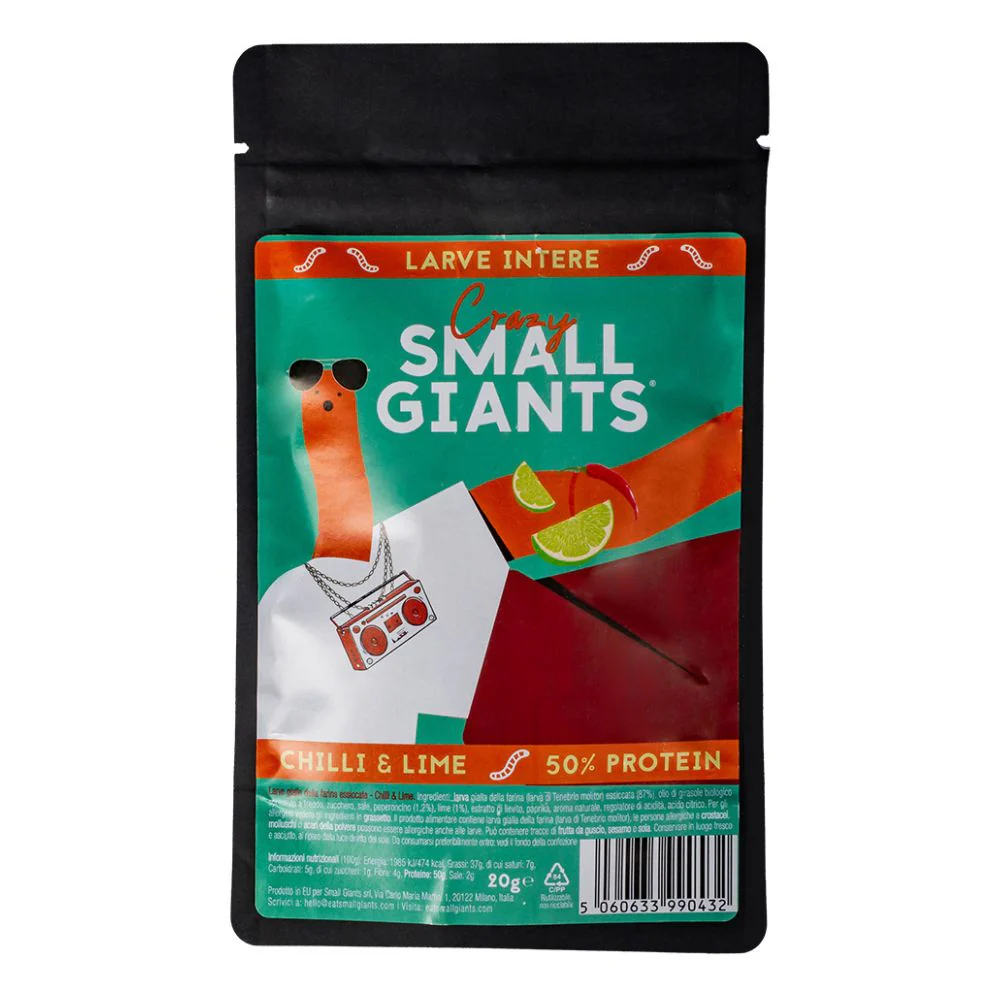 Small Giants Whole Chilli Lime Larvae, dried mealworm larvae flavored with chili and lime 20g (Pack of 30)