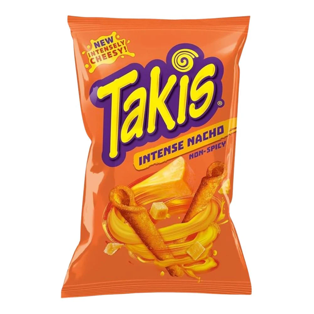 Takis Intense Nacho Non Spicy, 100g cheese-flavored tortilla curls (Pack of 18) 