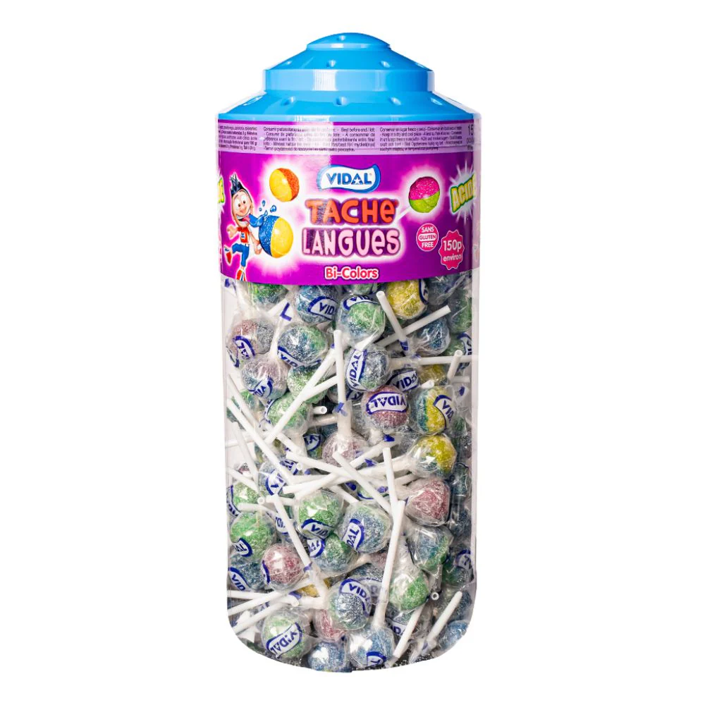 Vidal Acid Bi-Color Tongue Lollipops, assorted flavors 8g (Pack of 150)
