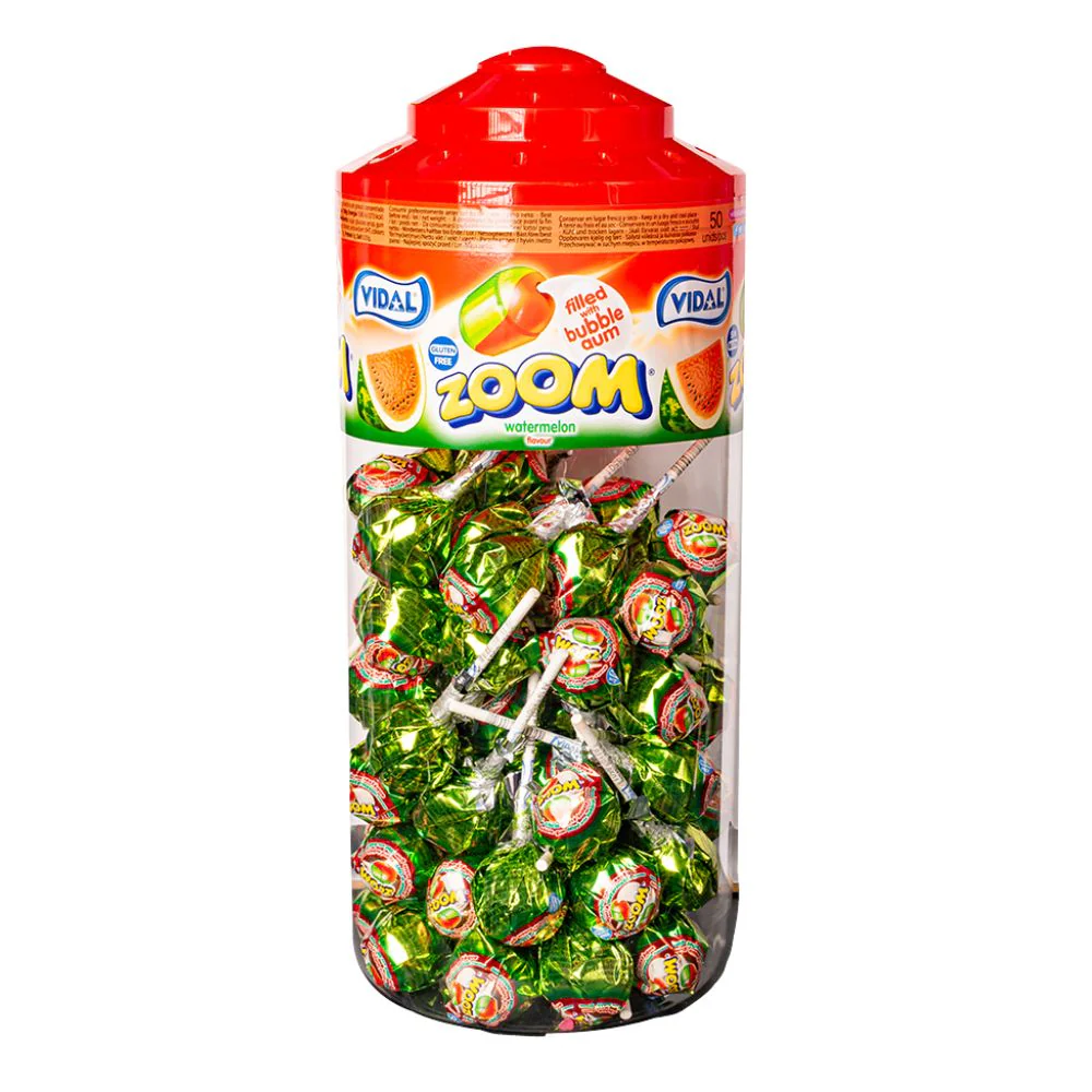 Vidal Mega Zoom Watermelon, lollipop filled with watermelon-flavored chewing gum 20g (Pack of 50)