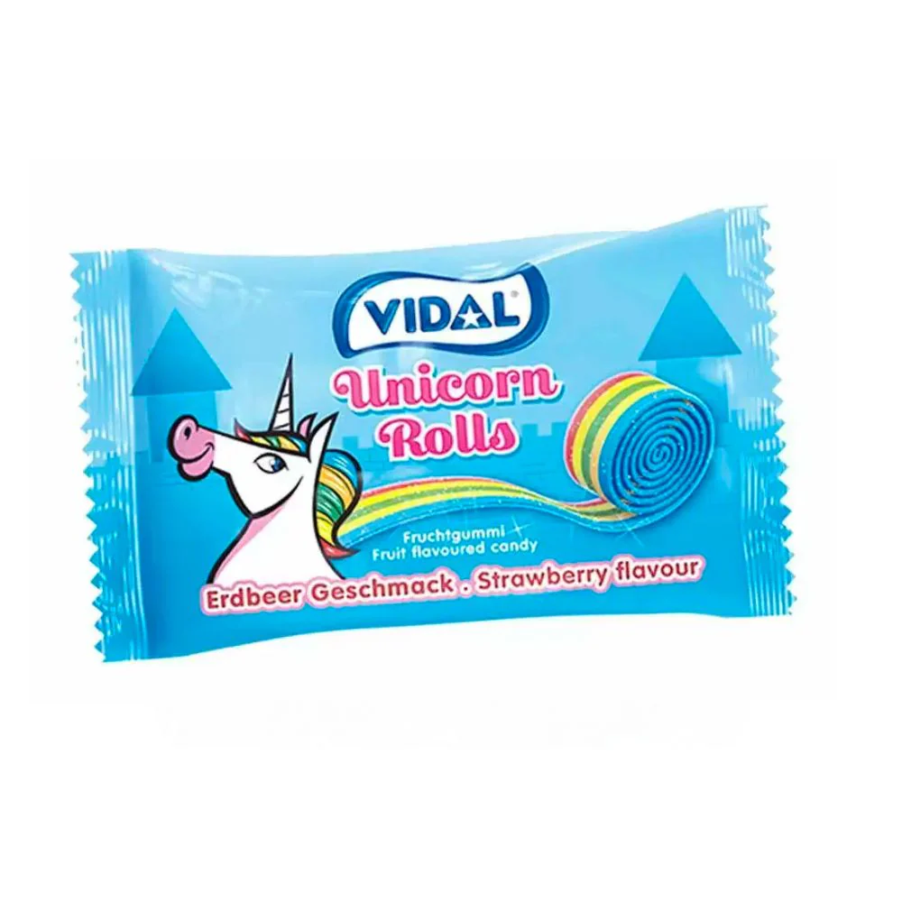 Vidal Rolls Belta Unicorn, long strawberry-flavored candy 19g (Pack of 24)