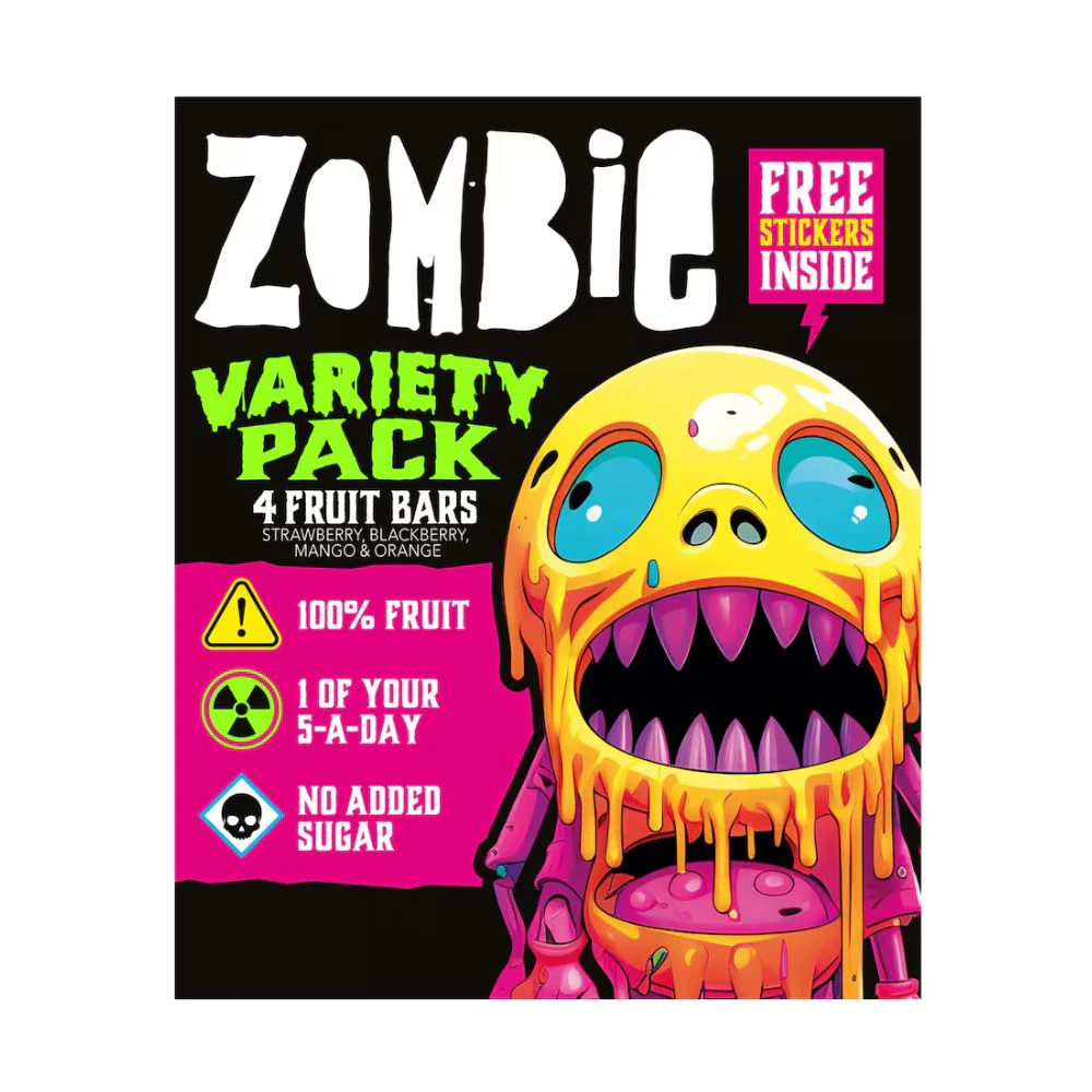 Zombie Variety Pack 4 Fruit Bars, 4 assorted fruit flavored bars of 100g (Pack of 10)